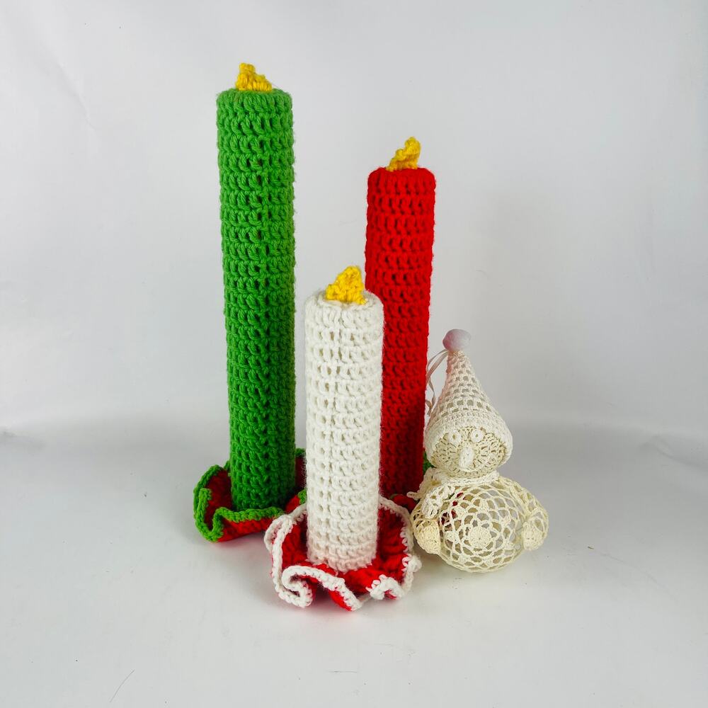 Vintage Handmade Crochet Holiday Candles and Starched Lace Doily Snowman